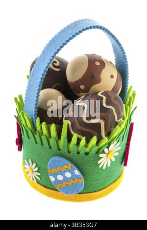 Felting basket full chocolate easter eggs isolated over white background Stock Photo