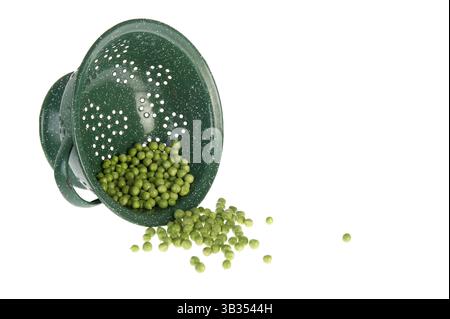 Washing green peas in a colander on white background Stock Photo