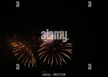 Long exposure capture of sparkling fireworks at a national holiday event. Stock Photo