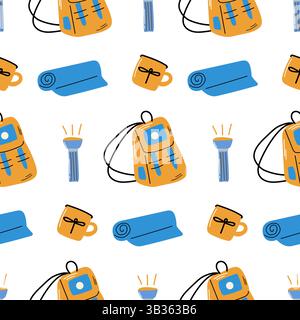 Hiking seamless pattern. Campfire set. Campfire seamless pattern. Stock Vector