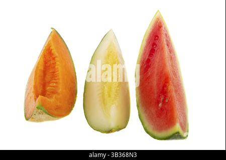 Assortment slices of melon isolated over white background Stock Photo