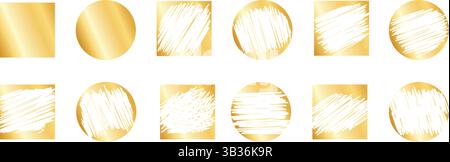 Card lottery scratch on golden shiny badges - gritty speckled spotted halftone round icons. Stock Vector