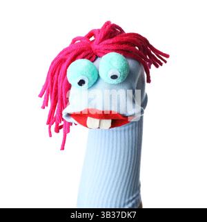 Funny sock puppet with hair isolated on white Stock Photo