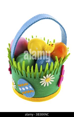 Felting basket full colorful easter eggs isolated over white background Stock Photo
