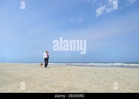 Business man in formal suit walking his dog at the beach Stock Photo