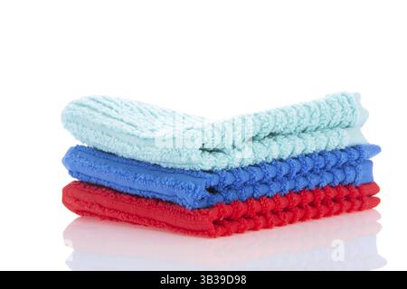 Colorful cleaning wipes in red and blue isolated over white background Stock Photo