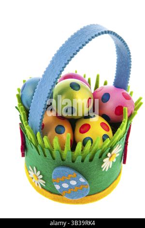 Felting basket full colorful easter eggs isolated over white background Stock Photo