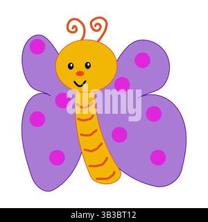 Cute butterfly illustration. Happy smiling insect. Purple pink wings. Vector cartoon drawing. Stock Vector