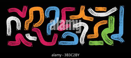 Colorful Bold brush drawn geometric shapes and squiggle lines seamless pattern. Doodle grunge background with funky shapes, forms, curly bold lines. Stock Vector