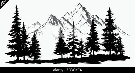 pine tree and mountain silhouette vector with bold outlines and high contrast Stock Vector