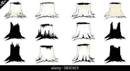 tree stump root silhouette vector collection in black on white background Stock Vector