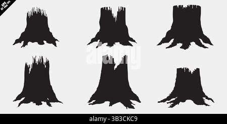 tree stump root silhouette vector collection in black on white background Stock Vector