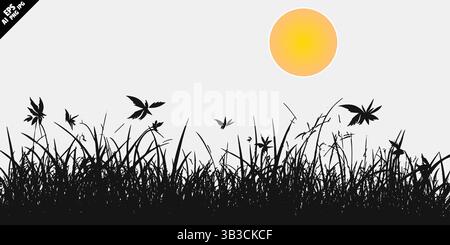 vector grass and wildflower silhouette design in black on white background Stock Vector