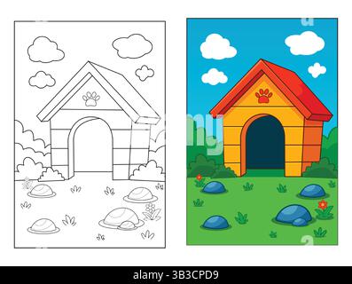 Vector black and white doghouse line icon with dog, bowl and bones isolated on white background. Stock Vector