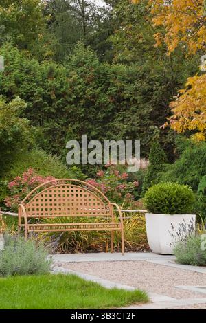 Gravel bed and light brown metal lattice garden bench next to concrete planter with Buxus 'Green Velvet' - Boxwood shrub and pink Hydrangea paniculata. Stock Photo