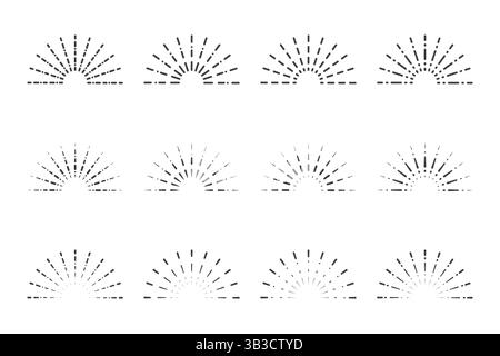Set of twelve different shaded vintage sunburst design elements on a white background. Stock Vector