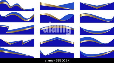 Header shapes design. Website border sections. Abstract curved vector bottom with golden elements. Separator blue wavy frames for webpage. Simple Stock Vector