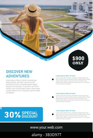 travel flyer design template with woman holding suitcase at airport, showing discount offer, promoting vacation deals, airline packages, and discover Stock Vector