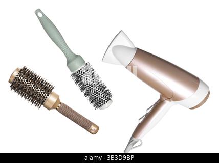 Hair dryer and round brushes in air on white background, collage Stock Photo
