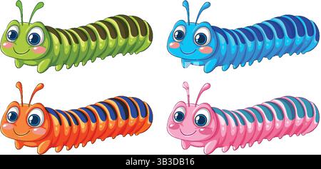 Vibrant vector illustration of four cartoon caterpillars in varied colors, showcasing playful expressions and smooth gradients Stock Vector