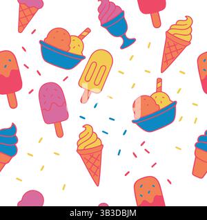 Bright seamless pattern of colorful ice cream cones popsicles sundaes and sprinkles Fun and playful design or summer sweets and dessert  Stock Vector