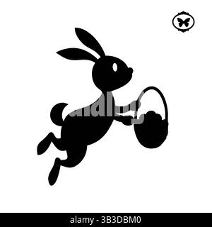 Cute Black Silhouette Easter Bunny with Basket Vector Clipart Stock Vector