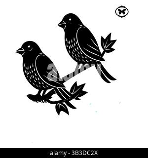 Two Birds Sitting on Branch Vector Silhouette Illustration Stock Vector