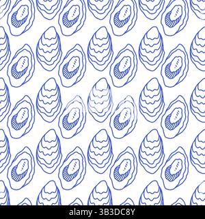 La dolce vita doodles seamless pattern oyster. Blue on white vector illustration of italian style hand drawn posters. Wall art prints decor, for Stock Vector