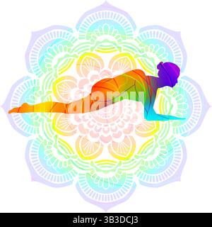 Colorful silhouette of woman practicing Uttana Pristhasana yoga pose. Lizard on the Knee pose. Intermediate Difficulty. Isolated vector illustration Stock Vector