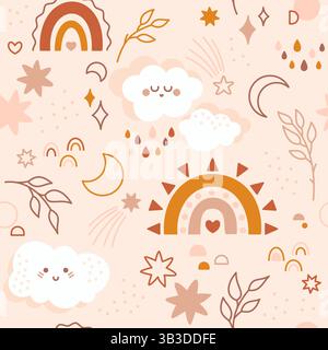 Baby seamless pattern drawn in Bohemian gender neutral colors. Colorful kawaii clouds, rainbows, beautiful twigs and dots with crescents on a beige background. Stock Vector