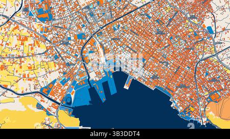 Colorful Volos Art Map with Labels and Buildings with many details for urban roads, paths and disctricts. Stock Photo