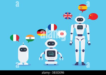 Artificial Intelligence chatbots translator Futuristic Intelligence Machine. Language learning with artificial intelligence. Stock Vector