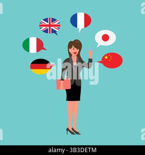 Business woman speaking many different languages. Multi language translator concept illustration. Vector illustration Stock Vector