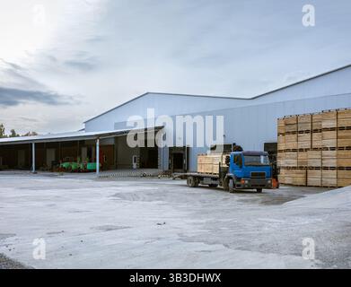 Cargo terminal of the logistics center. The truck in which the boxes are loaded. Stacked up empty pallets boxes. Ramp for loading. Supply chain manage Stock Photo