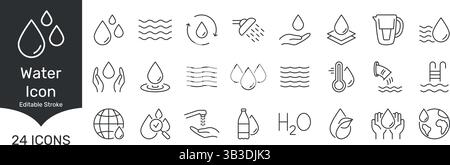 Water Conservation And Usage Line Icon Set. Hydration, Sustainability, And Environmental Protection Outline Symbol Collection. Editable Stroke Stock Vector