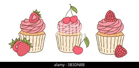 Set of cupcakes with strawberries, cherries and raspberries. Isolated vector illustrations for poster, banner, postcard, advertising, menu, packaging. Stock Vector