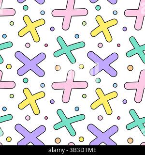 Fun and colorful abstract geometric doodle seamless pattern featuring pastel crosses and scattered confetti dots on a white background. Perfect for nu Stock Vector