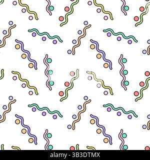 Abstract geometric doodle seamless pattern featuring colorful wavy lines and dots on a white background, ideal for creative designs and decor. Perfect Stock Vector