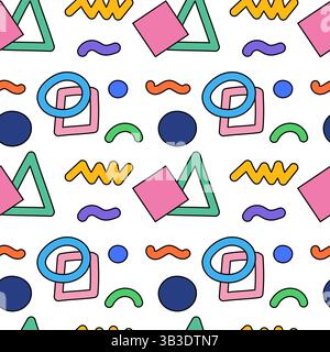 Vibrant and playful geometric doodle seamless pattern featuring abstract geometric shapes like triangles, circles, rhombuses, squares, rings, zigzags, Stock Vector