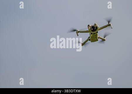 Photo drone flying high in the sky with clear detail against blue background, Rossberg, Miltach, Upper Palatinate Stock Photo