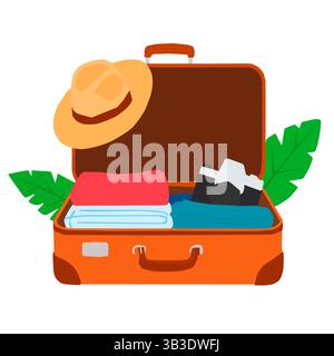 Vector vacation concept, Suitcase ready for travel with clothes, hat and camera. Stock Vector