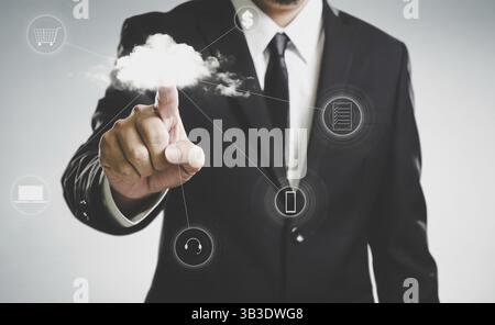 Businessmen press to the cloud server, the future network cloud services business concept Stock Photo