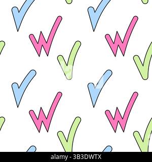 Abstract geometric doodle seamless pattern with multicolored checkmarks in blue, green, and pink alongside stylized W-shapes on white. Perfect for nur Stock Vector