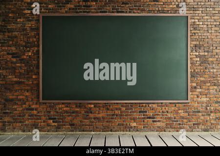 Square black chalk board texture empty blank with wooden frame. brick wall with cement floor Stock Photo