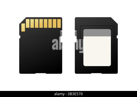 Front and back views of a memory card, highlighting the gold contacts for data transfer and the storage chip responsible for retaining information Stock Vector