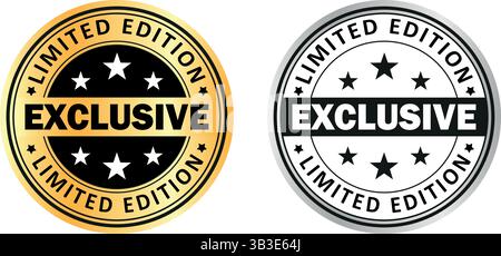 two round exclusive limited edition badges with stars in gold and silver styles, symbolizing premium product label, trusted branding, luxury status Stock Vector
