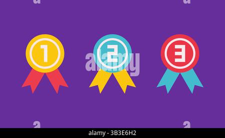 Vector flat illustration with set of gold, silver and bronze medal as symbol of 1st, 2nd, 3rd place on championship or competition and award. Minimali Stock Vector
