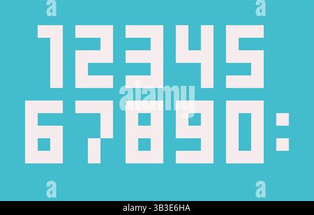 Vector flat illustration with numbers from 0 to 9, symbols to keep score of sports game or championship in retro pixel style of 80s. Bright blue backg Stock Vector