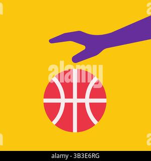Vector flat concept with dribbling basketball to basket by player on yellow background. Square composition is like icon to design ad in world champion Stock Vector