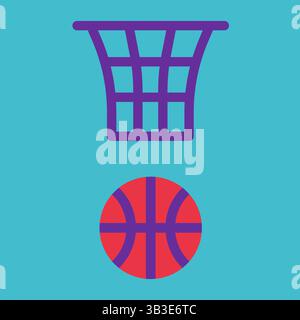 Vector flat concept with basketball from basket on blue background. Square composition is like icon to design ad in world championship. Clipart sport Stock Vector
